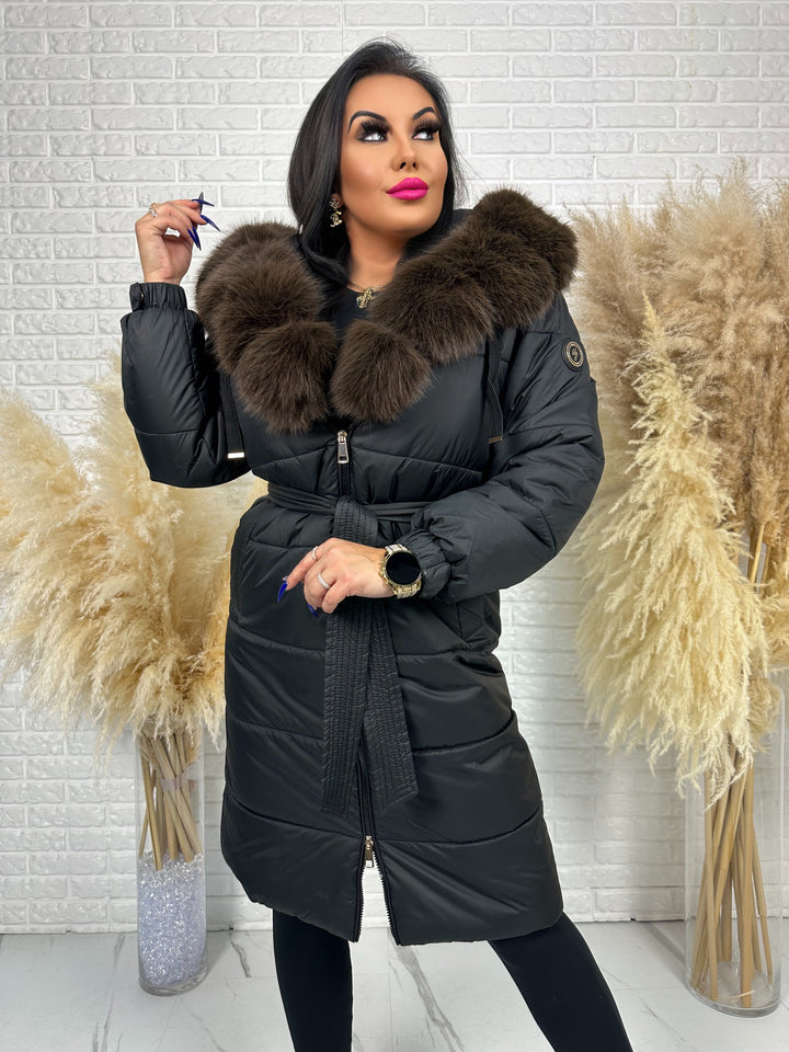 Kurtka zimowa AMBER - długa kurtka z futerkiem przy kapturze