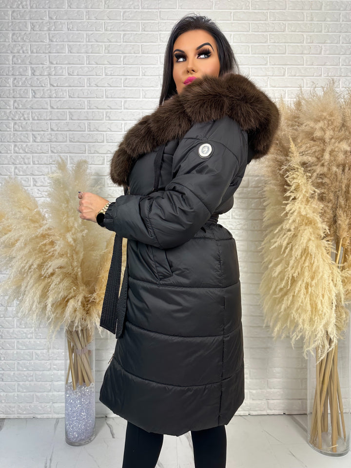 Kurtka zimowa AMBER - długa kurtka z futerkiem przy kapturze