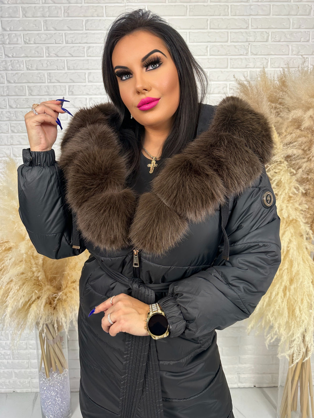 Kurtka zimowa AMBER - długa kurtka z futerkiem przy kapturze