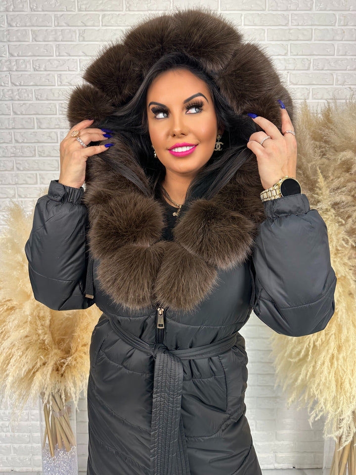 Kurtka zimowa AMBER - długa kurtka z futerkiem przy kapturze