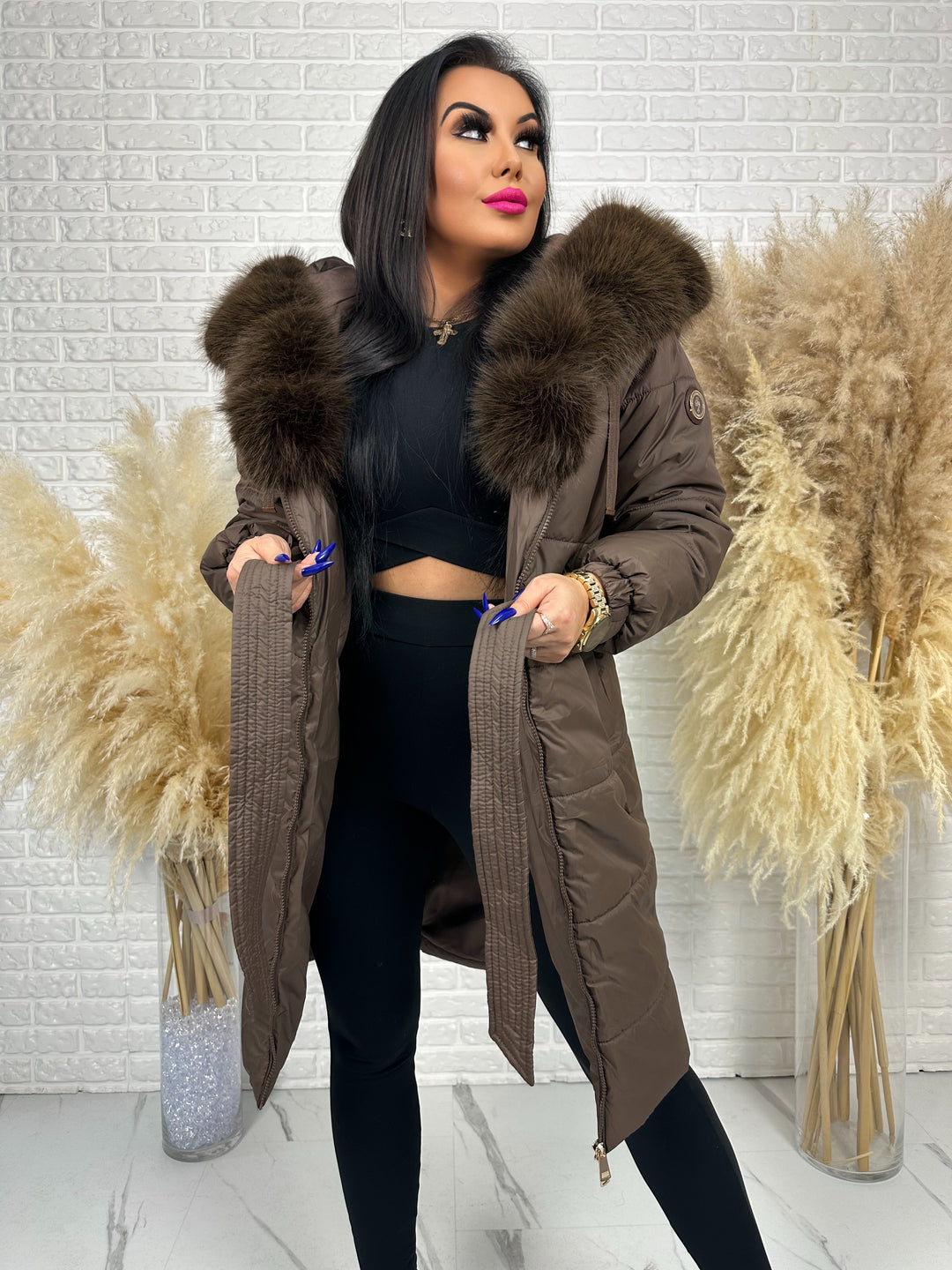 Kurtka zimowa AMBER - długa kurtka z futerkiem przy kapturze