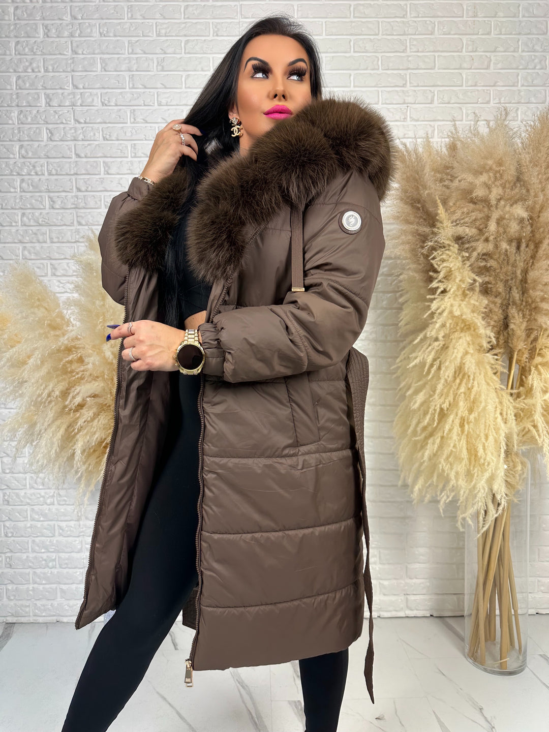 Kurtka zimowa AMBER - długa kurtka z futerkiem przy kapturze