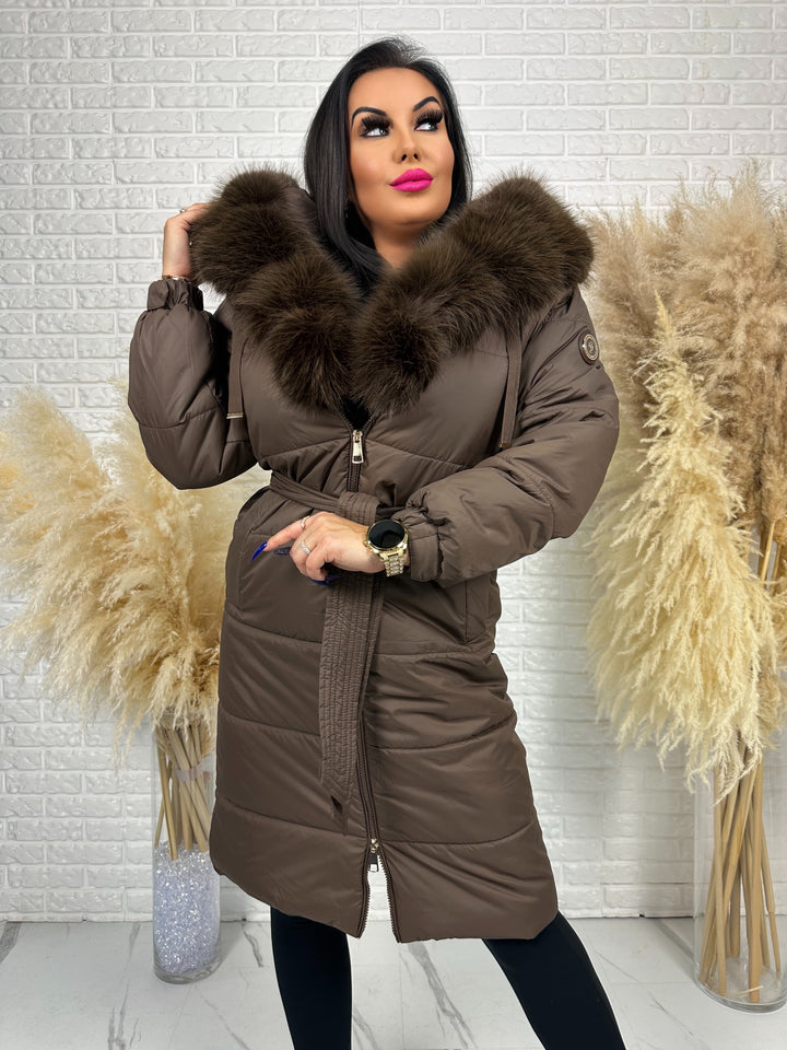 Kurtka zimowa AMBER - długa kurtka z futerkiem przy kapturze