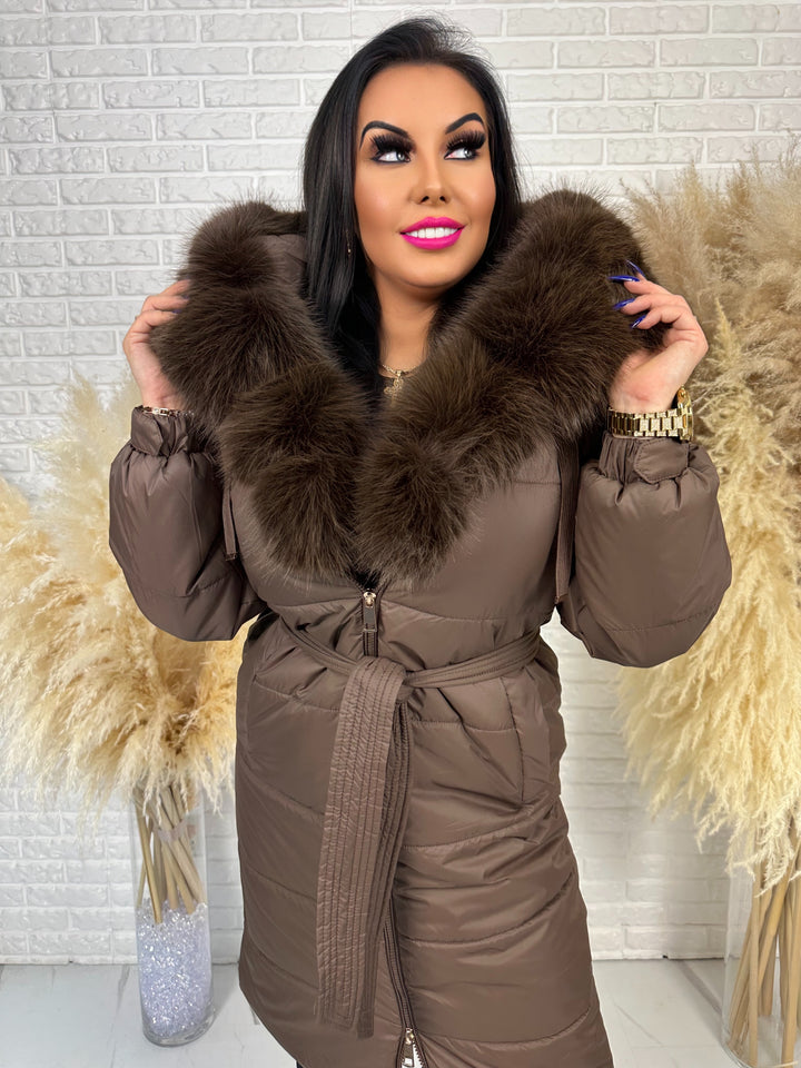 Kurtka zimowa AMBER - długa kurtka z futerkiem przy kapturze