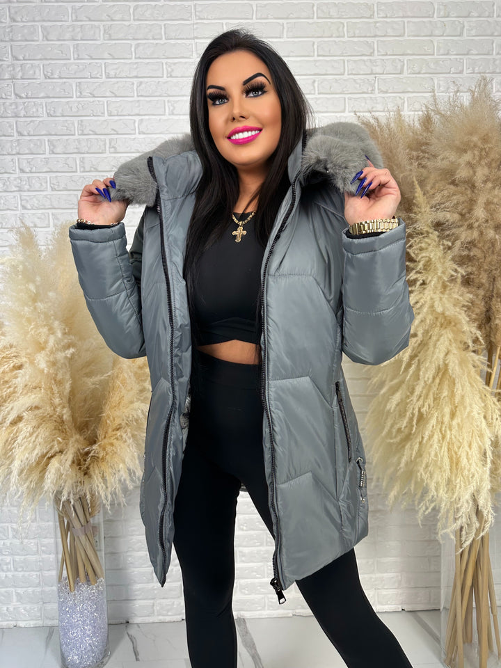 Kurtka GRACE - długa kurta na zimę, odpinane futerko, polska produkcja