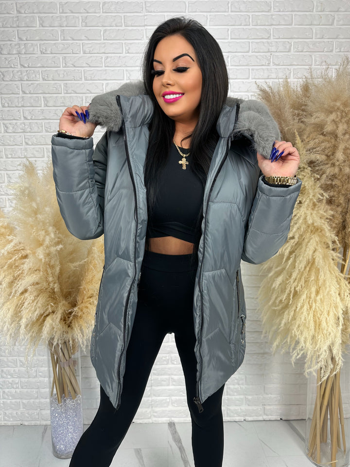 Kurtka GRACE - długa kurta na zimę, odpinane futerko, polska produkcja