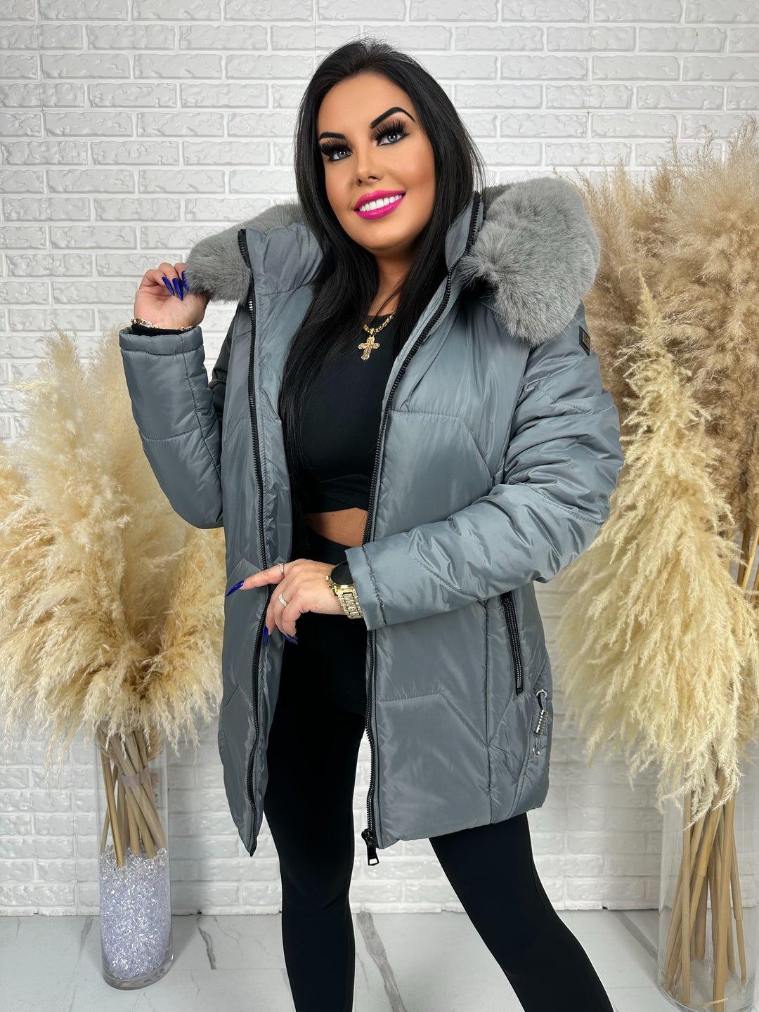 Kurtka GRACE - długa kurta na zimę, odpinane futerko, polska produkcja