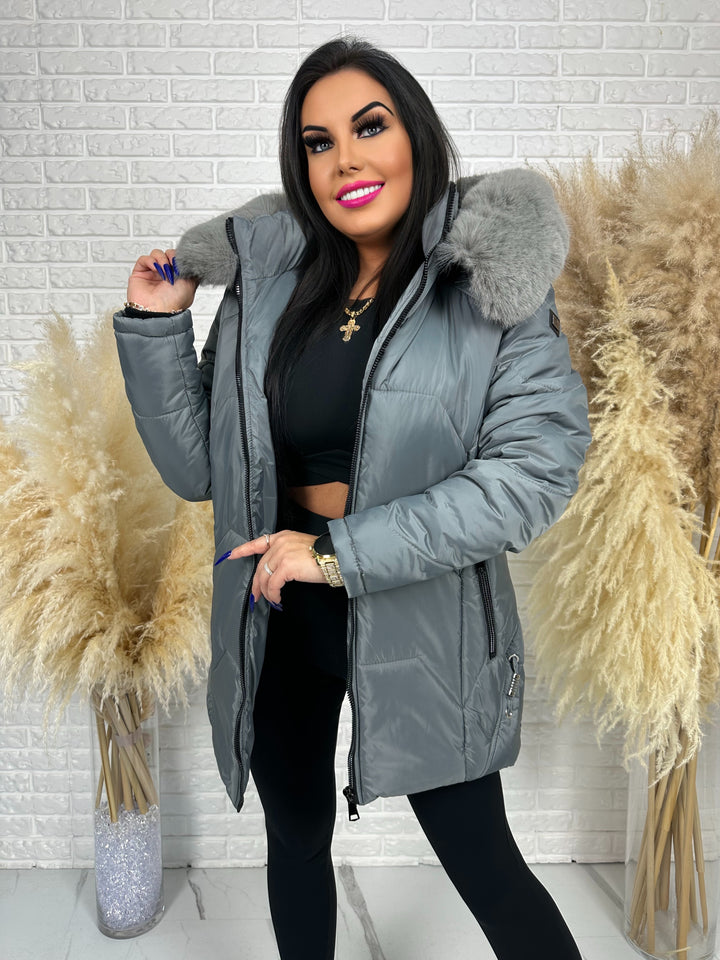 Kurtka GRACE - długa kurta na zimę, odpinane futerko, polska produkcja