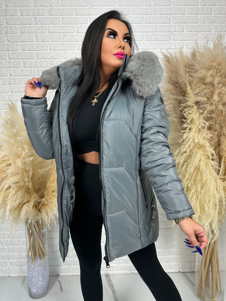 Kurtka GRACE - długa kurta na zimę, odpinane futerko, polska produkcja