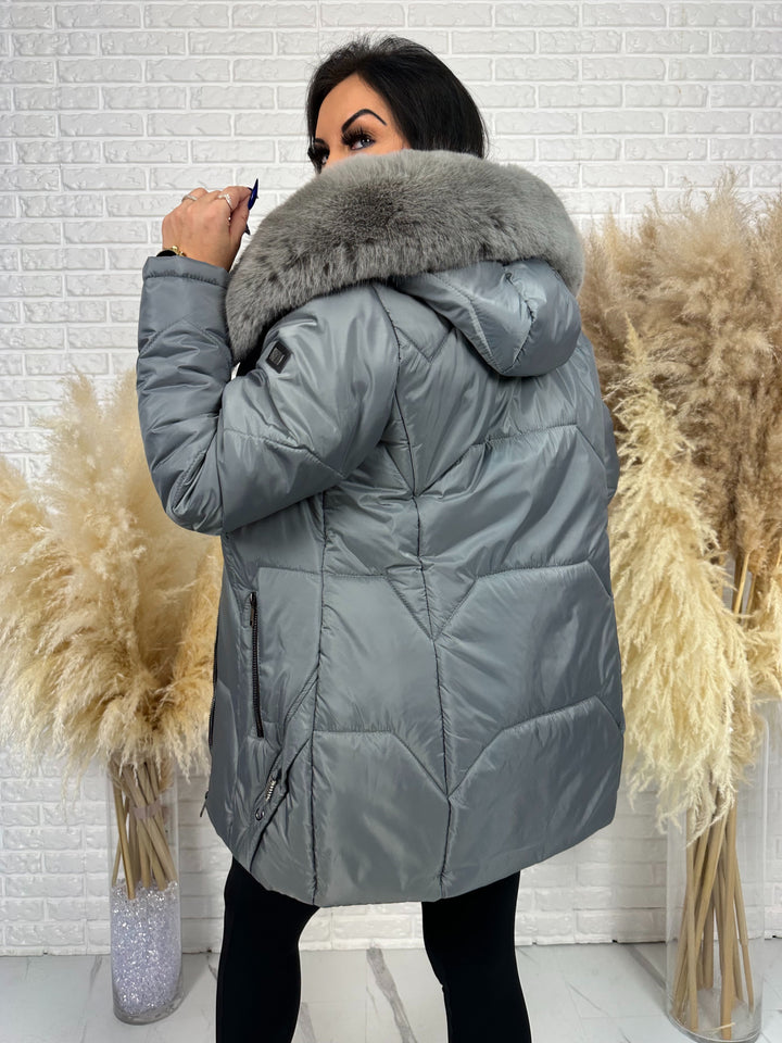 Kurtka GRACE - długa kurta na zimę, odpinane futerko, polska produkcja