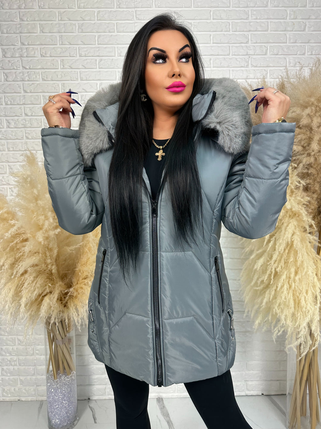 Kurtka GRACE - długa kurta na zimę, odpinane futerko, polska produkcja