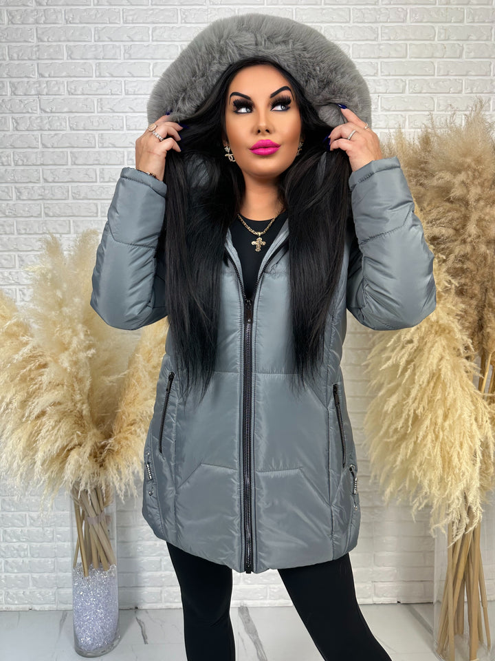 Kurtka GRACE - długa kurta na zimę, odpinane futerko, polska produkcja