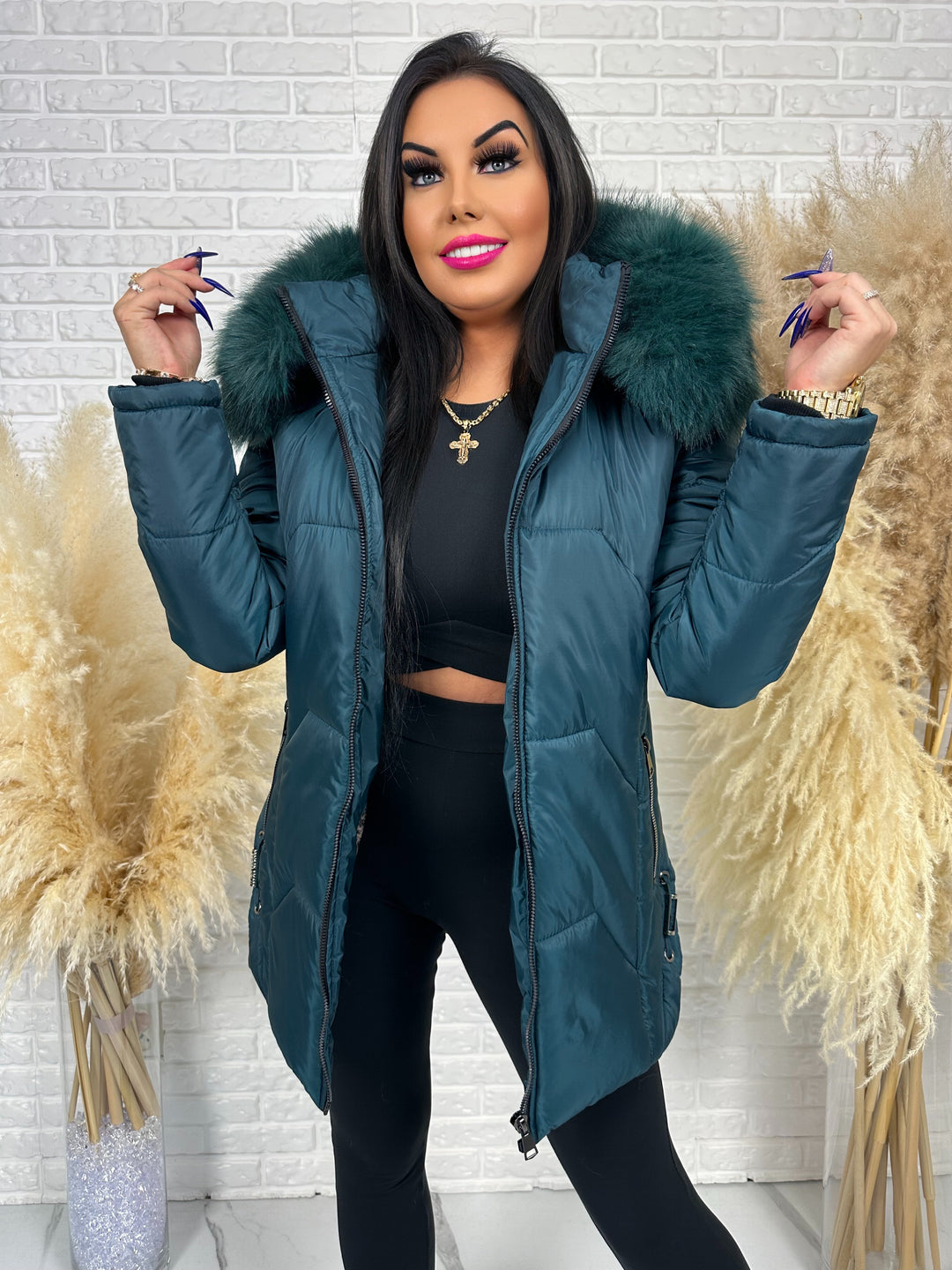 Kurtka GRACE - długa kurta na zimę, odpinane futerko, polska produkcja