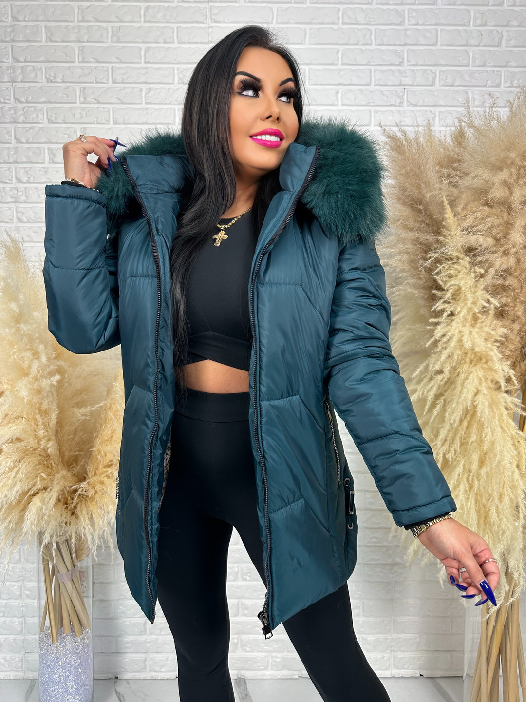 Kurtka GRACE - długa kurta na zimę, odpinane futerko, polska produkcja