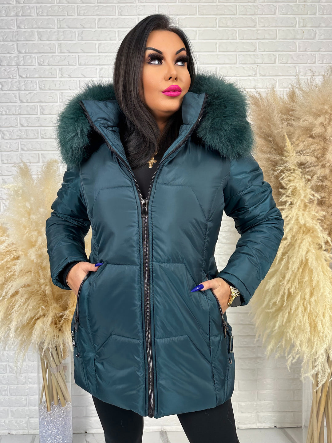 Kurtka GRACE - długa kurta na zimę, odpinane futerko, polska produkcja