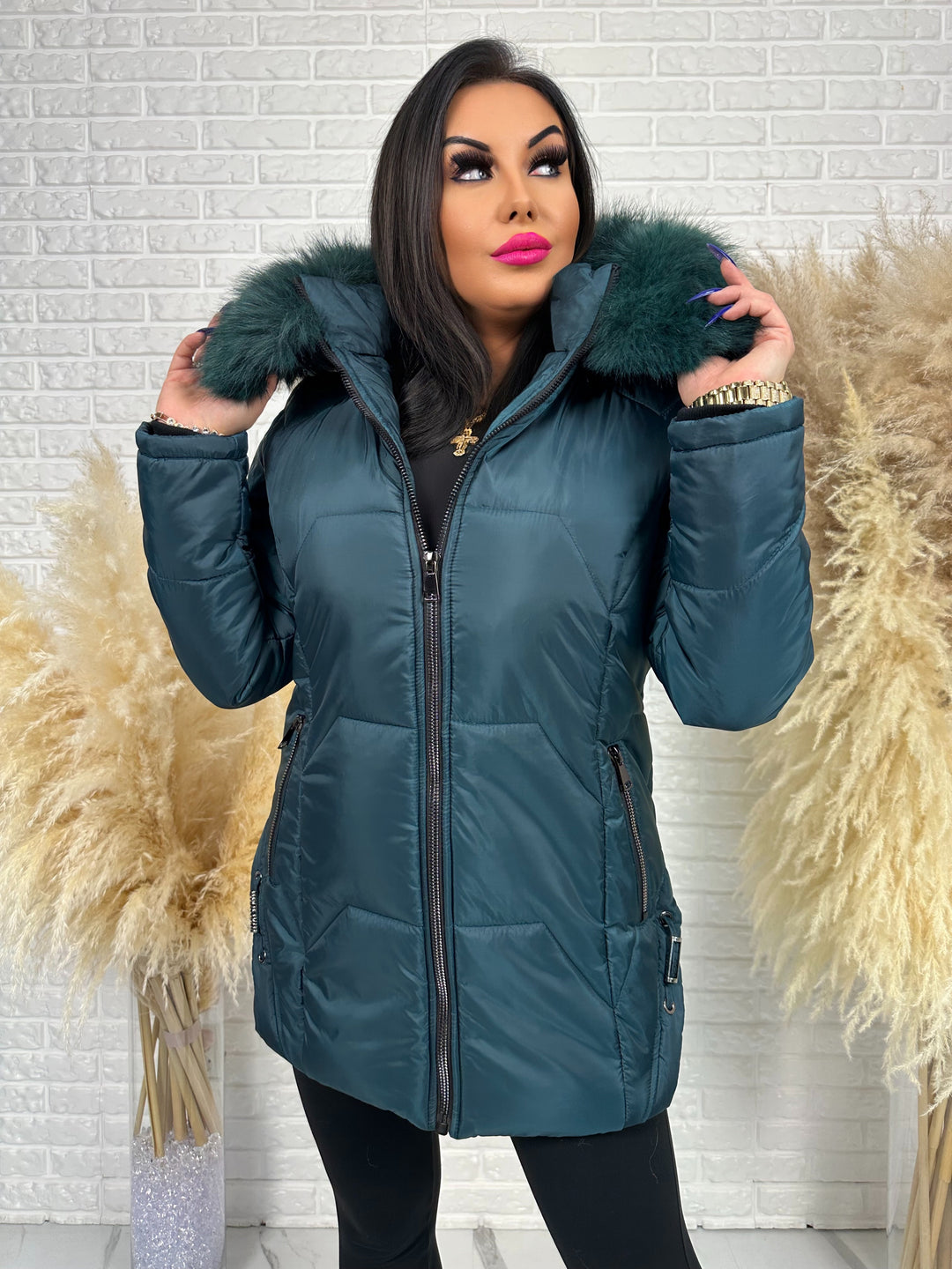 Kurtka GRACE - długa kurta na zimę, odpinane futerko, polska produkcja