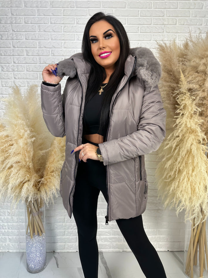 Kurtka GRACE - długa kurta na zimę, odpinane futerko, polska produkcja