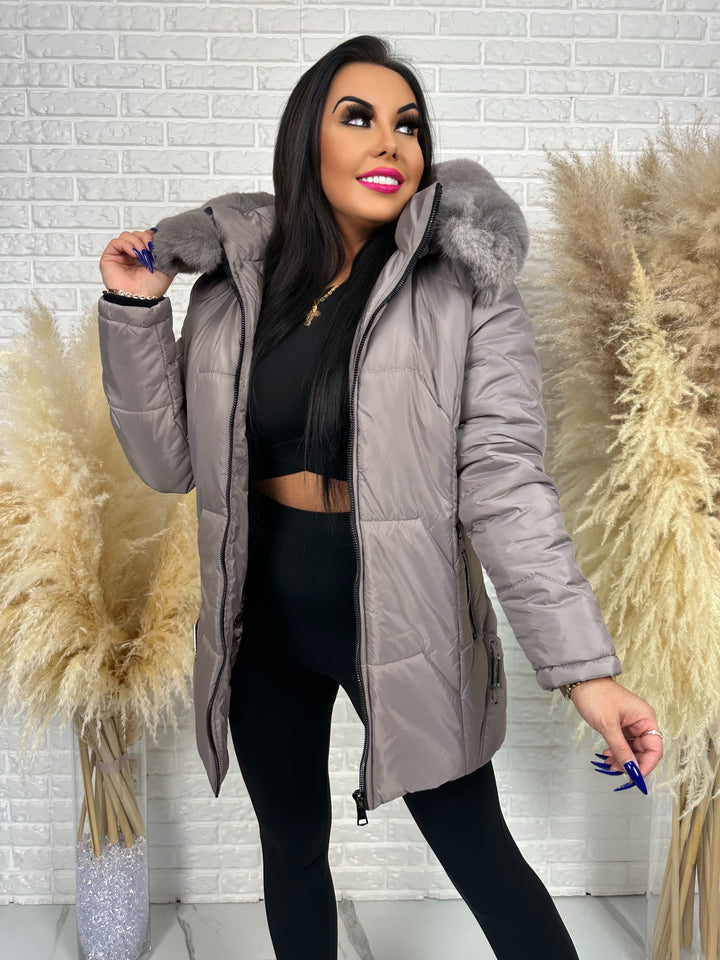 Kurtka GRACE - długa kurta na zimę, odpinane futerko, polska produkcja