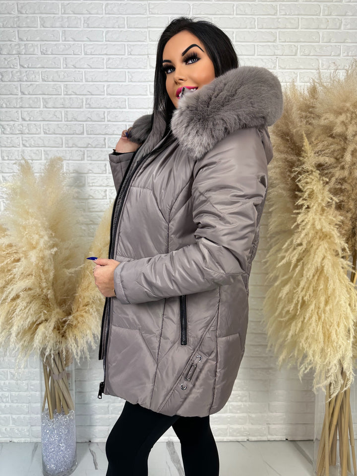 Kurtka GRACE - długa kurta na zimę, odpinane futerko, polska produkcja