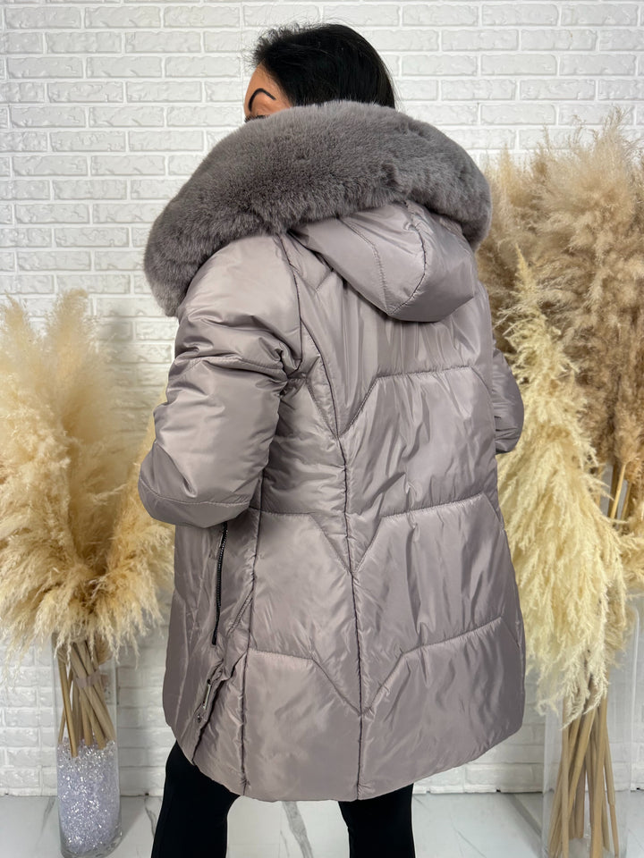 Kurtka GRACE - długa kurta na zimę, odpinane futerko, polska produkcja