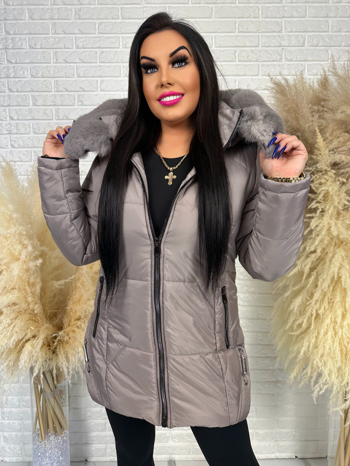 Kurtka GRACE - długa kurta na zimę, odpinane futerko, polska produkcja