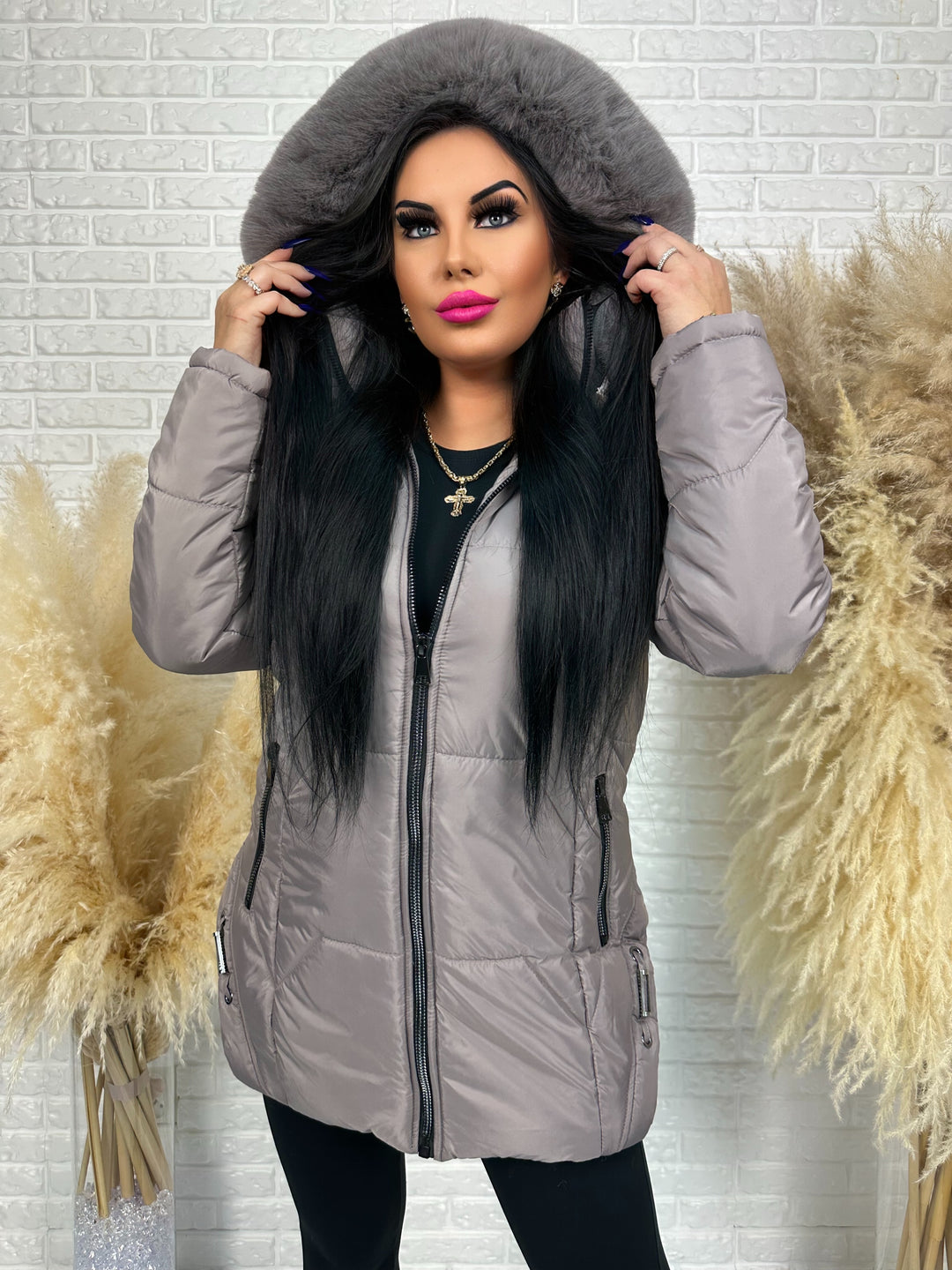 Kurtka GRACE - długa kurta na zimę, odpinane futerko, polska produkcja