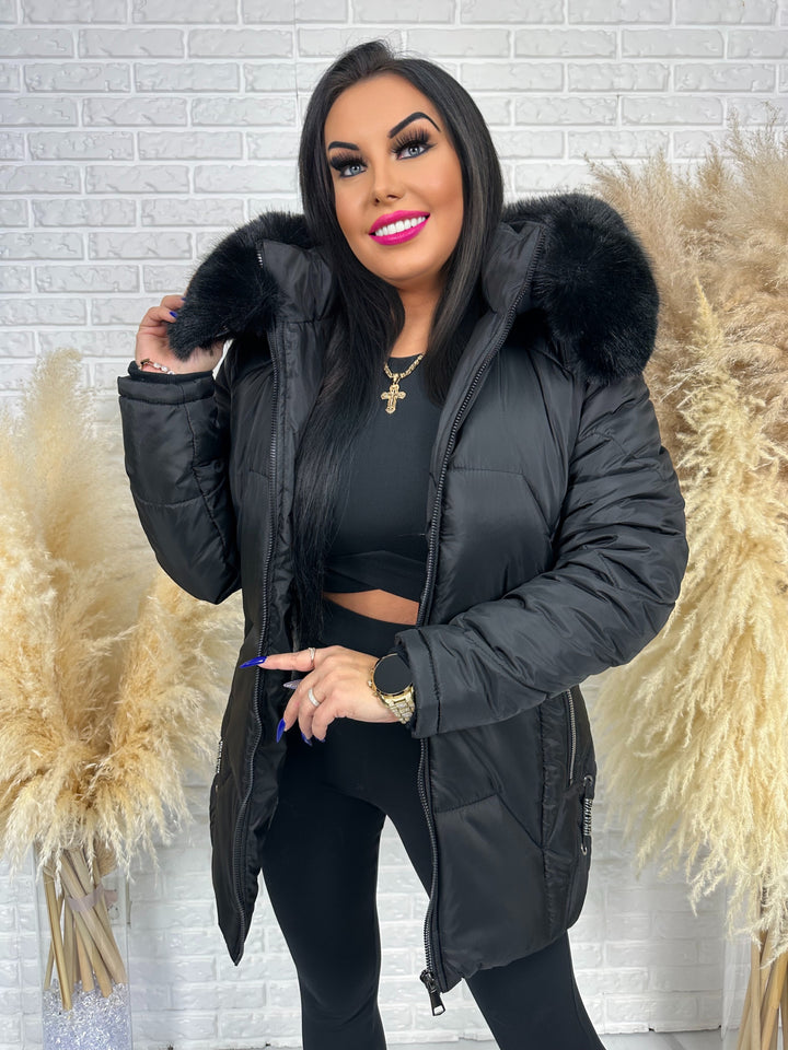 Kurtka GRACE - długa kurta na zimę, odpinane futerko, polska produkcja