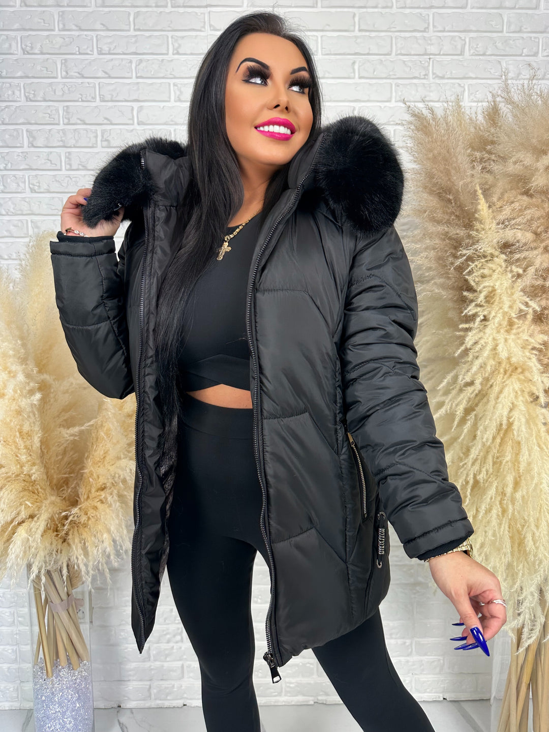 Kurtka GRACE - długa kurta na zimę, odpinane futerko, polska produkcja