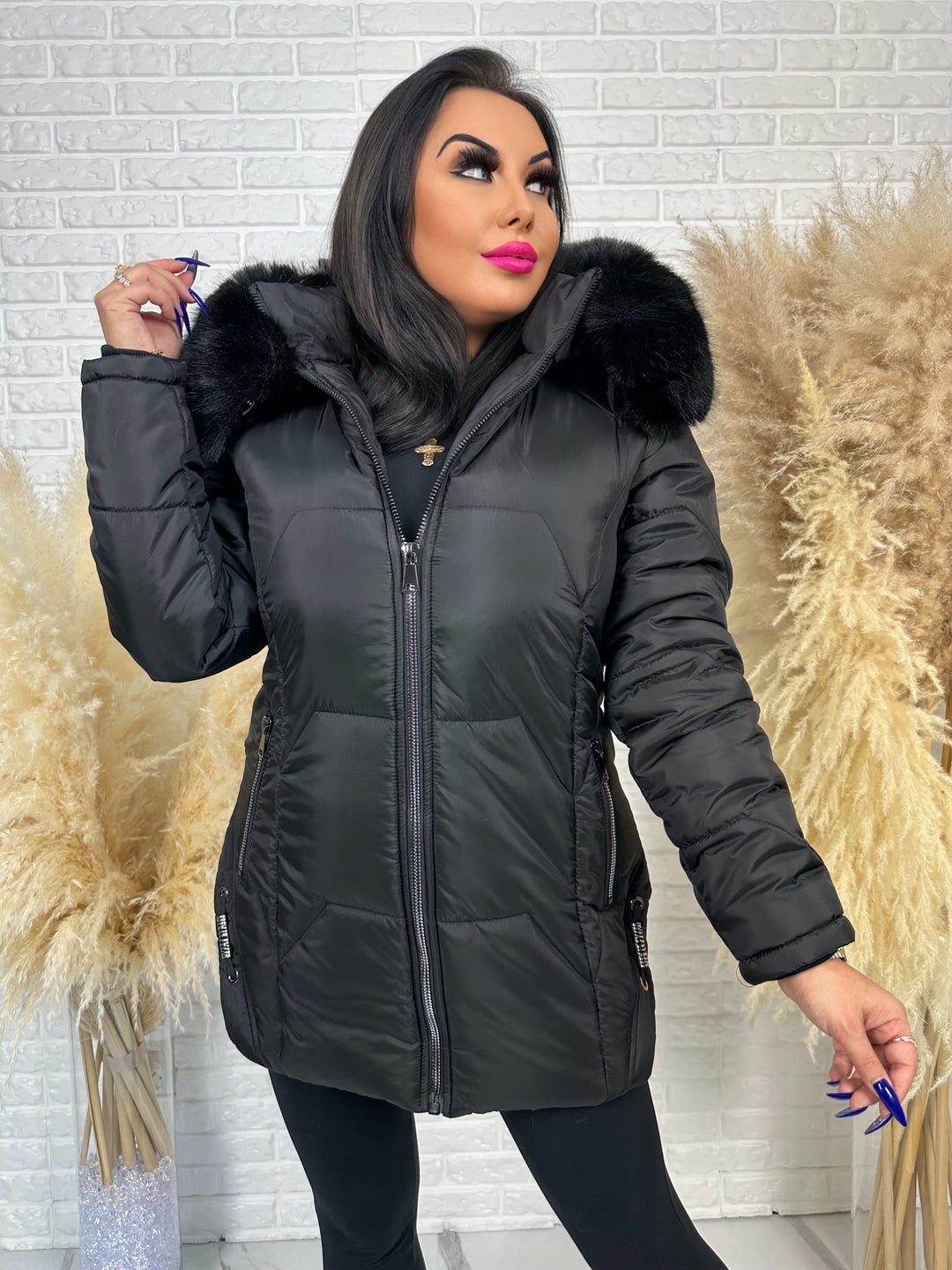 Kurtka GRACE - długa kurta na zimę, odpinane futerko, polska produkcja