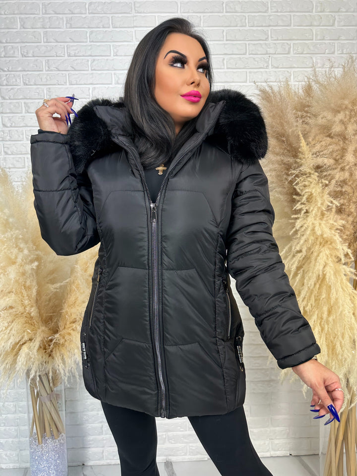 Kurtka GRACE - długa kurta na zimę, odpinane futerko, polska produkcja