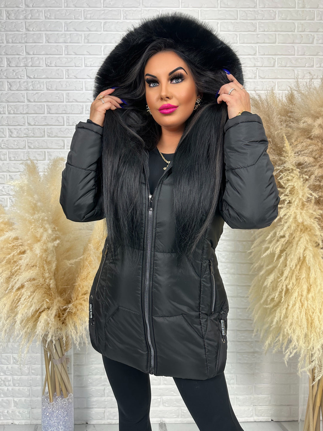 Kurtka GRACE - długa kurta na zimę, odpinane futerko, polska produkcja