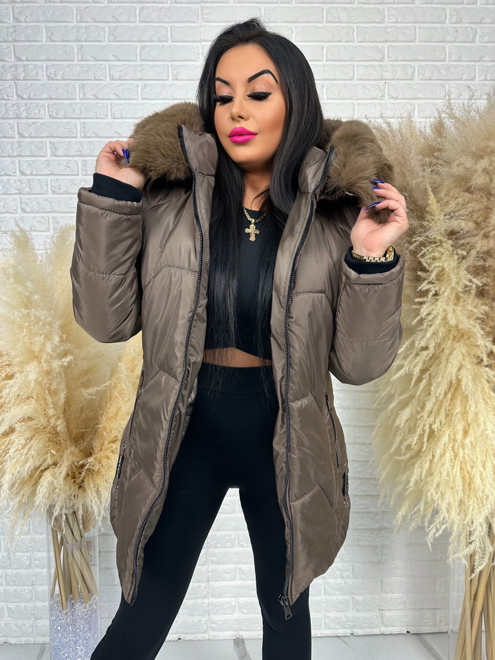 Kurtka GRACE - długa kurta na zimę, odpinane futerko, polska produkcja