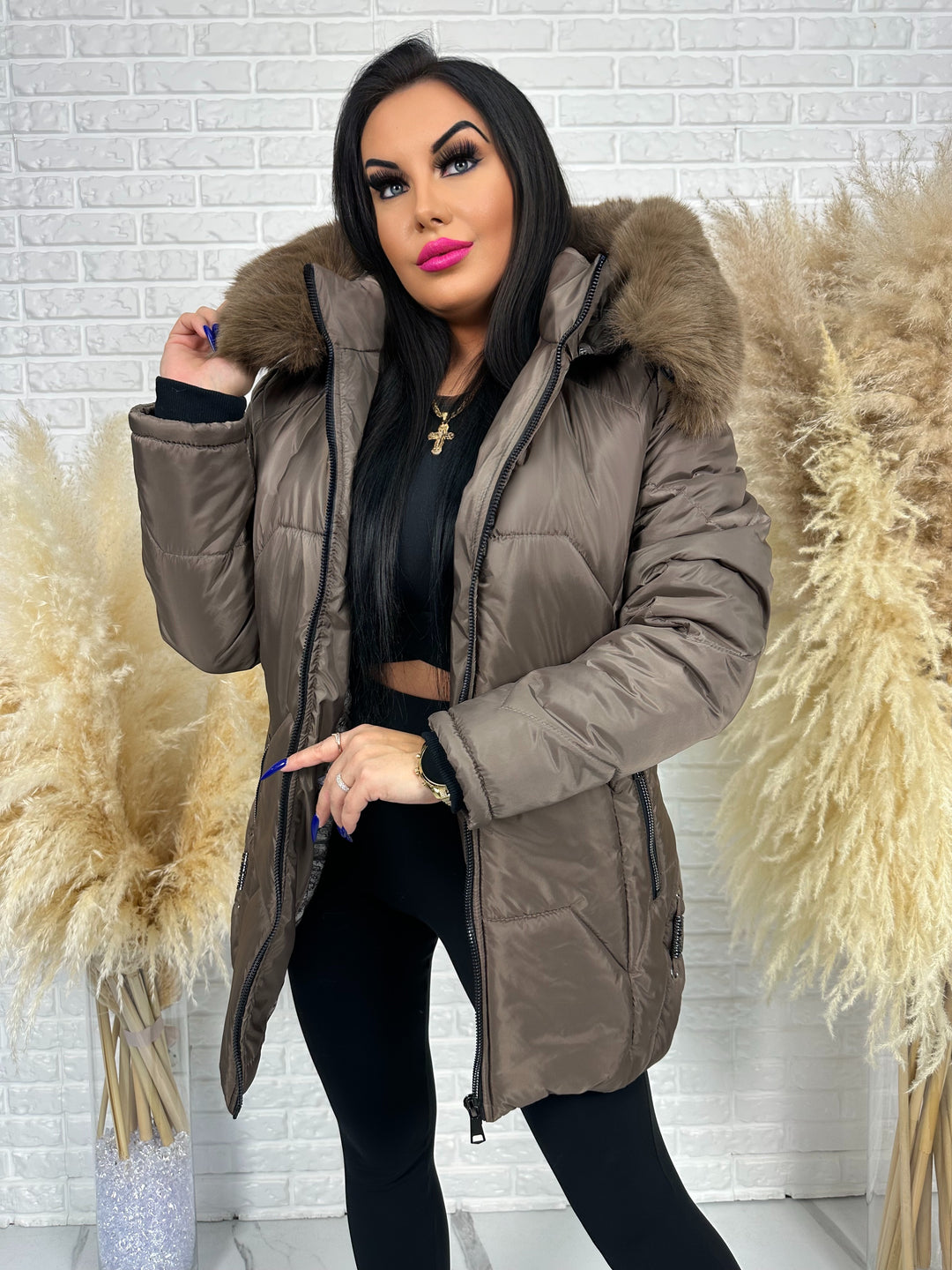 Kurtka GRACE - długa kurta na zimę, odpinane futerko, polska produkcja