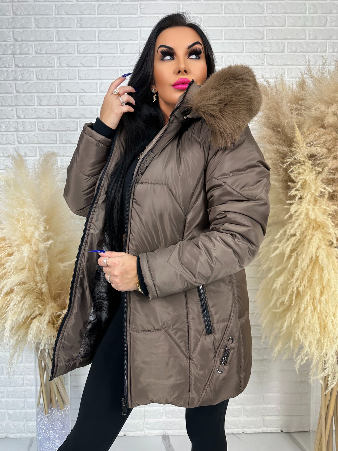 Kurtka GRACE - długa kurta na zimę, odpinane futerko, polska produkcja