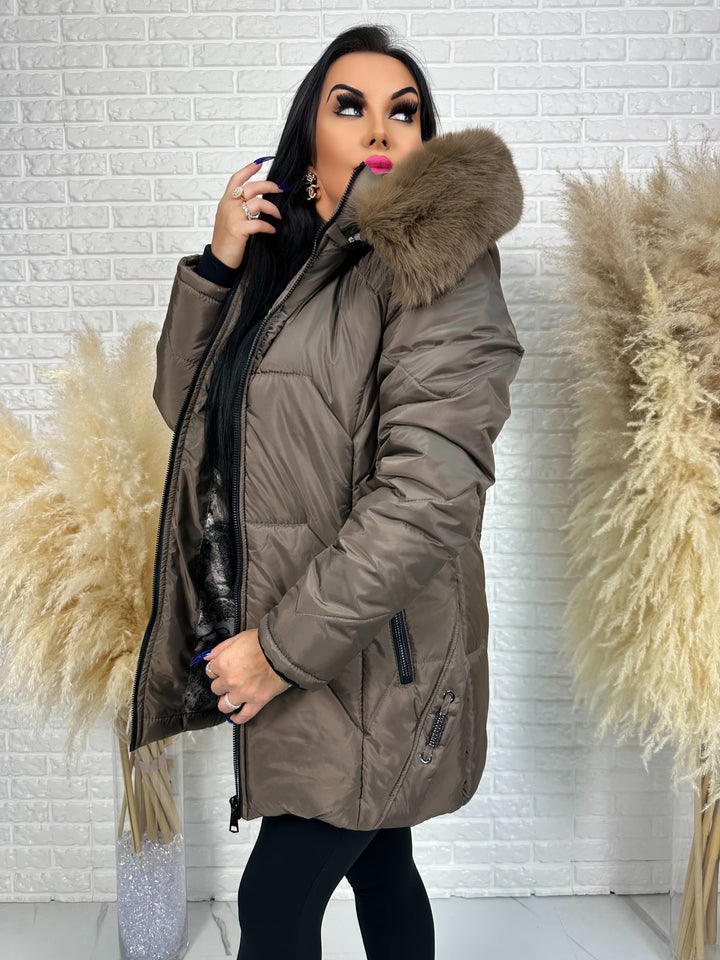 Kurtka GRACE - długa kurta na zimę, odpinane futerko, polska produkcja