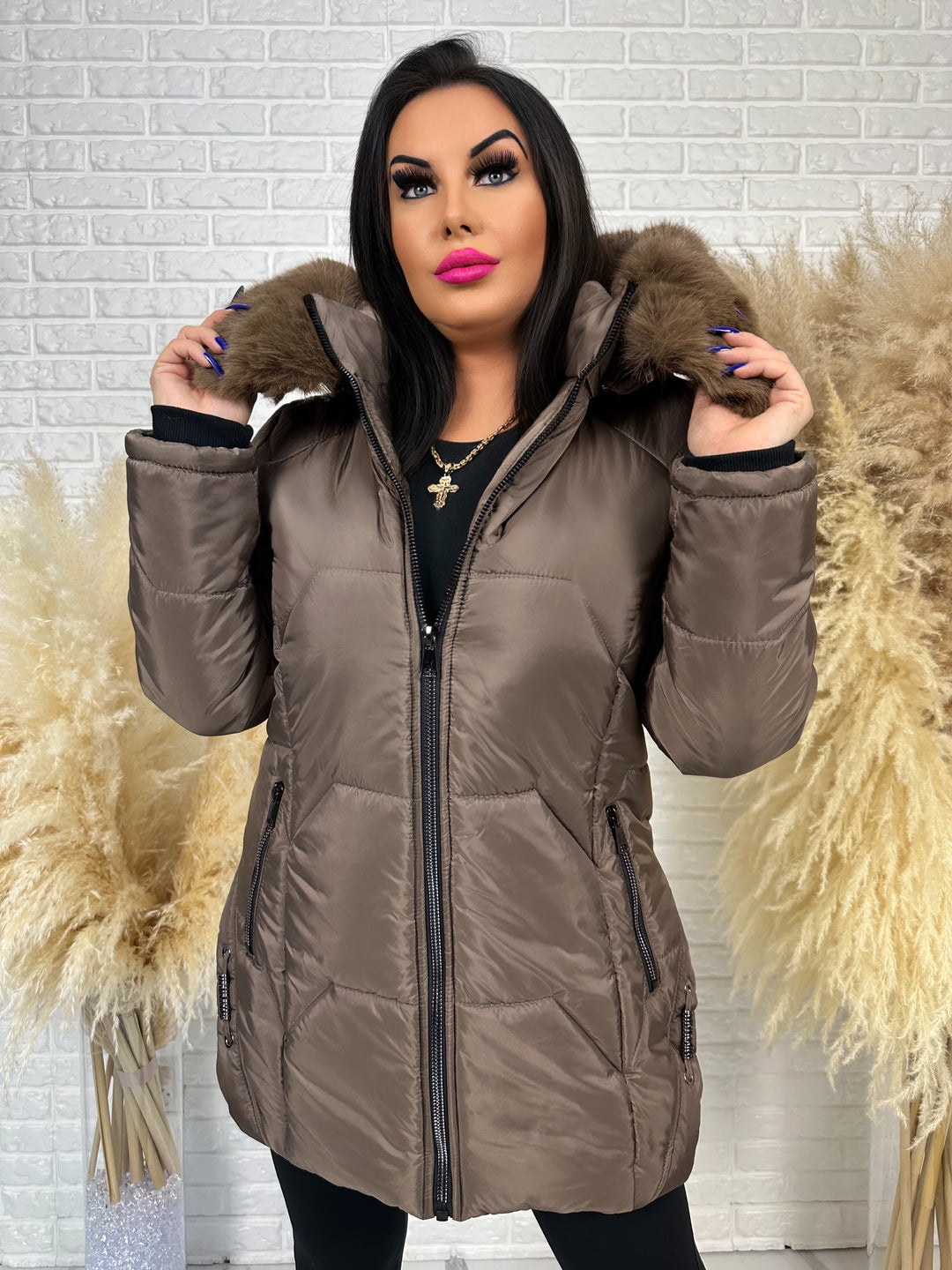 Kurtka GRACE - długa kurta na zimę, odpinane futerko, polska produkcja