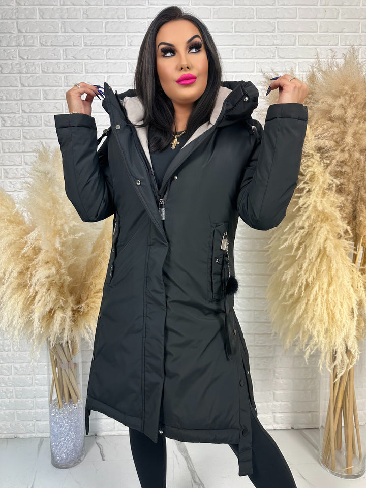 Długa kurtka MANTIA - bardzo ciepła, zimowa z kapturem