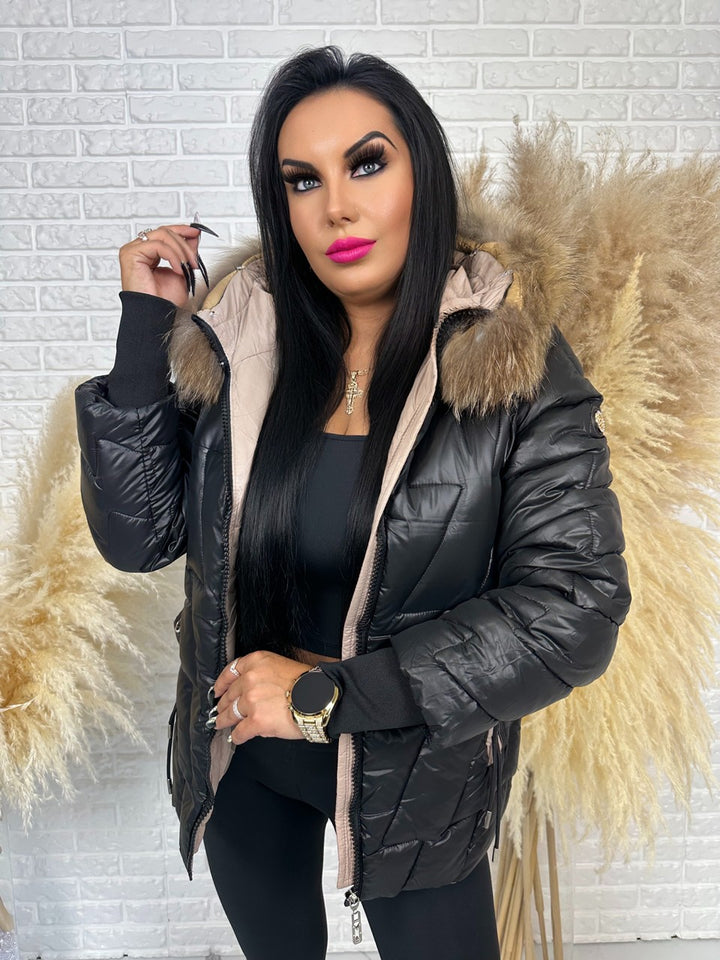 Kurtka zimowa BRONX z naturalnym futrem – pikowana, elegancka i ciepła,kolor czarny