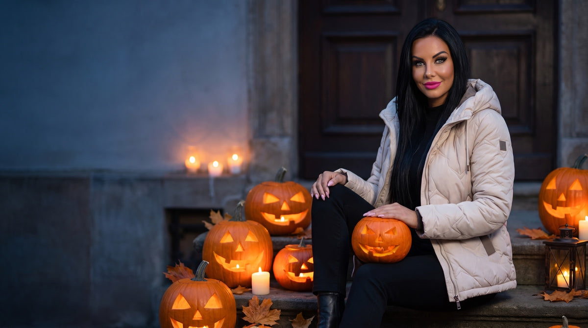 Kurtka KIRA wśród dyń w halloweenowy wieczór